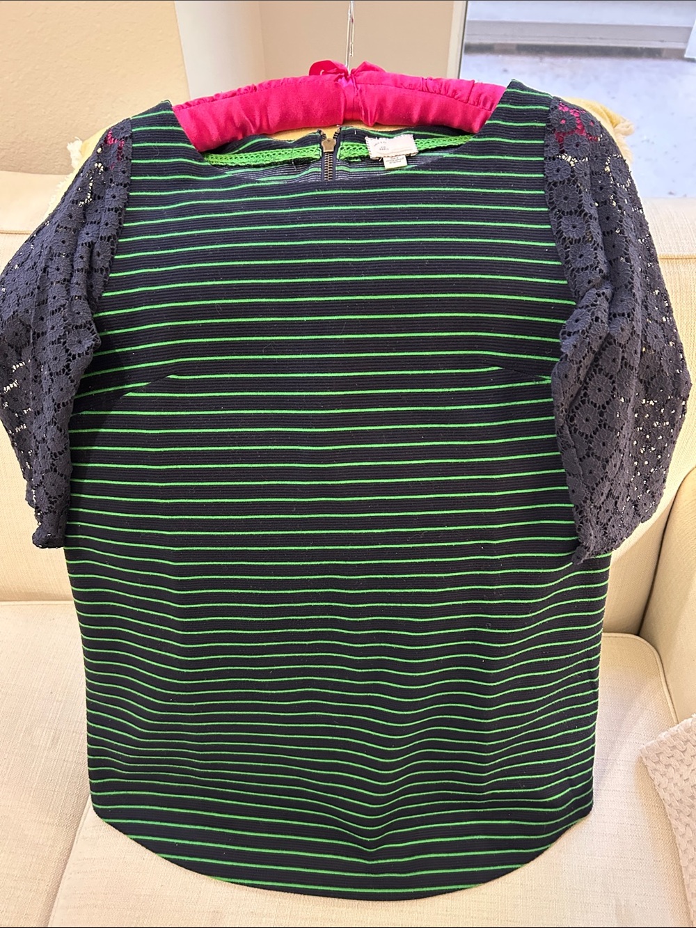 Anthropologie Navy Dress with Green Stripes and Lace Sleeves